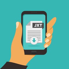 File download button on smartphone screen. Hand holds smartphone, finger touches button. Downloading document concept for web banners, web sites, infographics. Creative flat design vector illustration