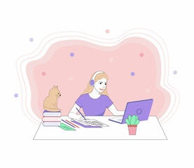 Online education concept with a girl, computer and books. Landing page template, vector illustration in flat style.