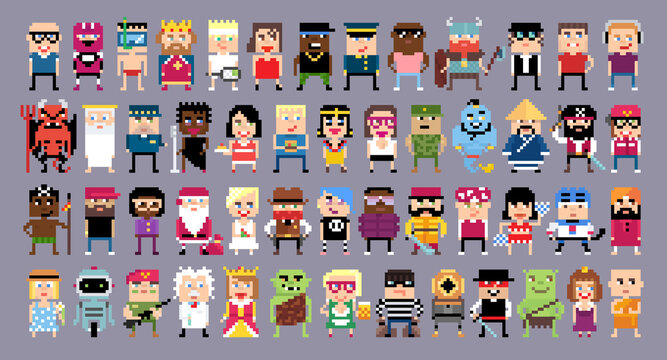 Set of cartoon pixel characters. Vector illustration in pixel art 8-bit style
