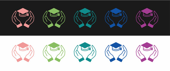 Set Education grant icon isolated on black and white background. Tuition fee, financial education, budget fund, scholarship program, graduation hat. Vector