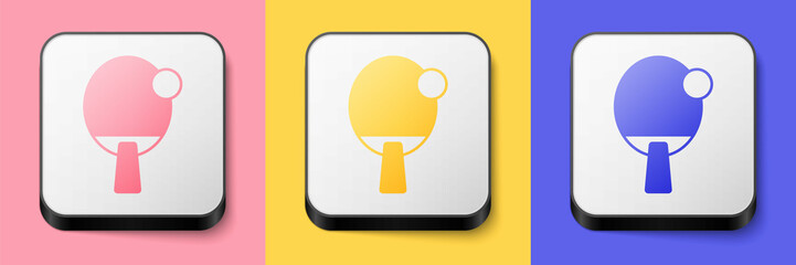 Isometric Racket for playing table tennis icon isolated on pink, yellow and blue background. Square button. Vector
