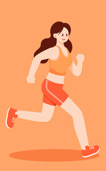 Girl is running to lose weight, with summer trees and plants in the background, vector illustration