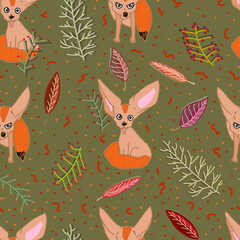 Seamless pattern with fennec fox, leaves and twigs