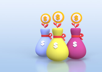 money bag and coins stack illustration background, 3D, render icon for business
