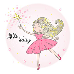 Little fairy with a magic wand. Hand drawn. Doodle style. For children's design of prints, posters, cards, stickers, etc. Vector illustration.