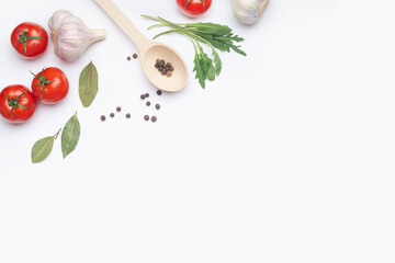 white culinary background with tomatoes, garlic and arugula