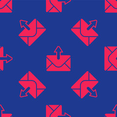 Red Mail and e-mail icon isolated seamless pattern on blue background. Envelope symbol e-mail. Email message sign. Vector