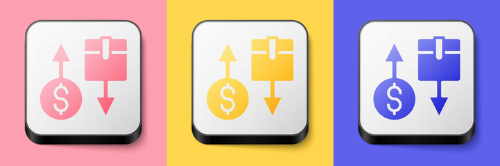 Isometric Tax carton cardboard box icon isolated on pink, yellow and blue background. Box, package, parcel sign. Delivery and packaging. Square button. Vector