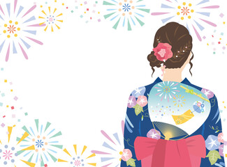 夏_浴衣姿の女性_花火A01_横