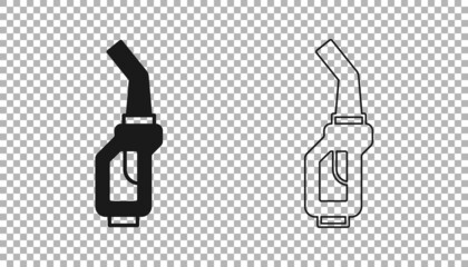 Obraz na płótnie Canvas Black Gasoline pump nozzle icon isolated on transparent background. Fuel pump petrol station. Refuel service sign. Gas station icon. Vector