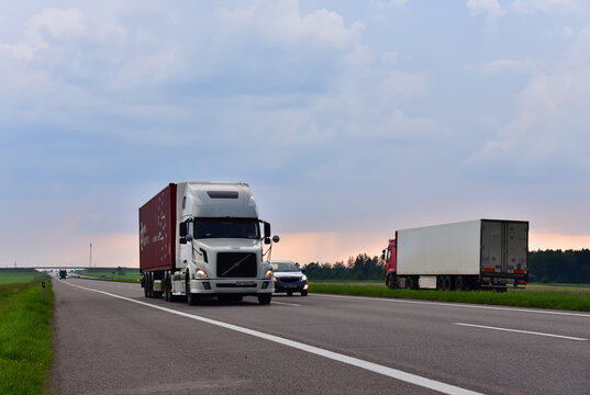 Volvo VNL american truck driving along highway. Traffic on motorway and road. Logistics of transportation and delivery of goods. Transport logistics in Europe. Russia, Smolensk, JUN 20, 2021..