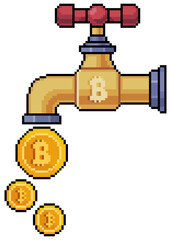 Pixel art bitcoin faucet. Investment in cryptocurrencies vector icon for 8bit game on white background
