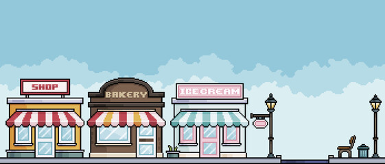 Pixel art shopping street and square with shops, bakery, ice cream. Urban landscape Cityscape background for 8bit game © Kaleb