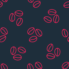 Red line Coffee beans icon isolated seamless pattern on black background. Vector