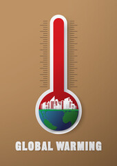 Paper art of Global warming concept with red thermometers, global and 
buildings. Illustration and Vector