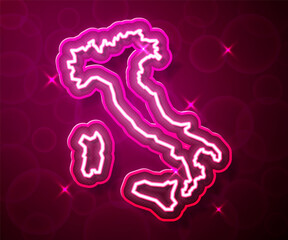 Glowing neon line Map of Italy icon isolated on red background. Vector
