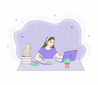 Online education concept with a girl, computer and books. Landing page template, vector illustration in flat style.