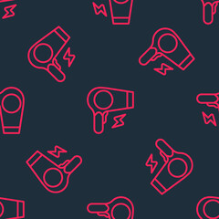 Red line Hair dryer icon isolated seamless pattern on black background. Hairdryer sign. Hair drying symbol. Blowing hot air. Vector