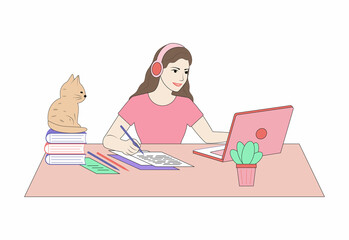 Online education concept with a girl, computer and books. Landing page template, vector illustration in flat style.
