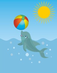 Cute dolphin calf playing in water with a ball a happy sunny day. Vector illustration.