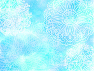 Digital watercolor painting with round lace on a light blue background