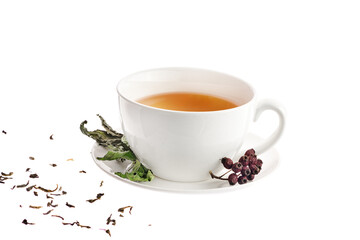 Fototapeta premium Porcelain cup of tea with milk isolated on white background