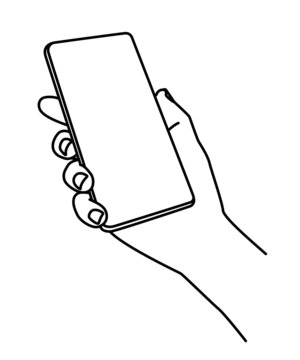 Hand Holding Mobile Phone Hand Drawn With Thin Line