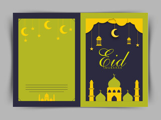 Eid Mubarak Greeting Card With Mosque Illustration, Crescent Moon, Lanterns, Stars Hang In Green And Blue Color.
