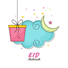 Eid Mubarak Greeting Card With Gift Box, Crescent Moon, Stars Decorated On Blue And White Background.