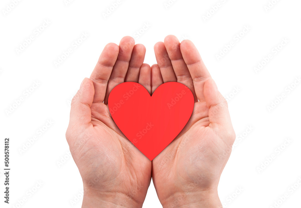 Wall mural paper red heart cutout in hands isolated on white background with clipping path. health insurance or