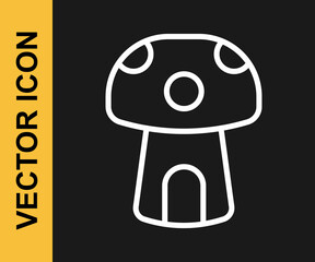 White line Fantasy mushroom house icon isolated on black background. Fairytale house. Vector