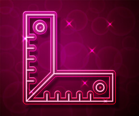 Fototapeta premium Glowing neon line Corner ruler icon isolated on red background. Setsquare, angle ruler, carpentry, measuring utensil, scale. Vector