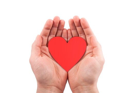 Paper red heart cutout in hands isolated on white background with clipping path. Health insurance or love concept