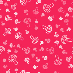 White line Psilocybin mushroom icon isolated seamless pattern on red background. Psychedelic hallucination. Vector