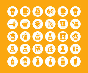Simple set of 30 coffee shop icons in detailed circular glyph style