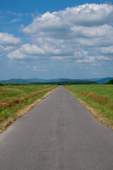 Fototapeta na wymiar 緑の草原を通る真っ直ぐな道路 