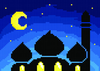 mosque building silhouette in the night view with pixel art style