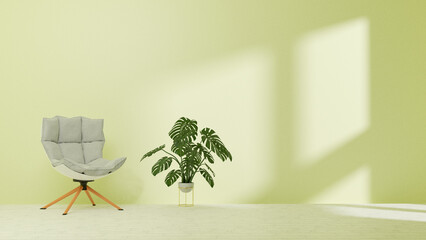 3d rendering minimal podium design for wall mockup with furniture and plants