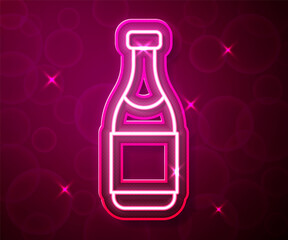 Glowing neon line Champagne bottle icon isolated on red background. Merry Christmas and Happy New Year. Vector