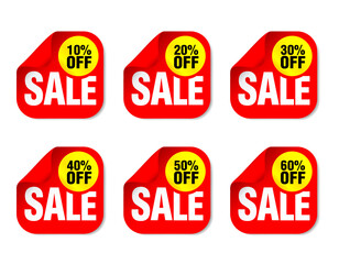 Sale red sticker set. Sale 10%, 20%, 30%, 40%, 50%, 60% off