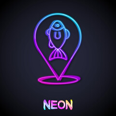 Fototapeta premium Glowing neon line Location fishing icon isolated on black background. Fishing place. Vector