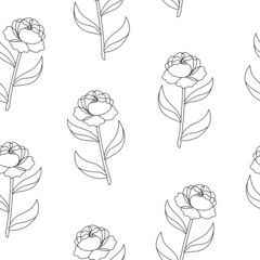 Seamless pattern with linear peony flowers from black outlines on a white background. Simple print with garden plants. Vector contour graphics in vintage floral style for fabric, paper and wrapping