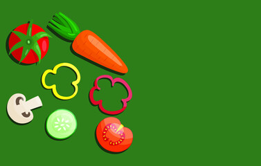 Vegetable set in flat style. Carrots, sweet peppers, tomatoes, cucumber and mushroom on a green background