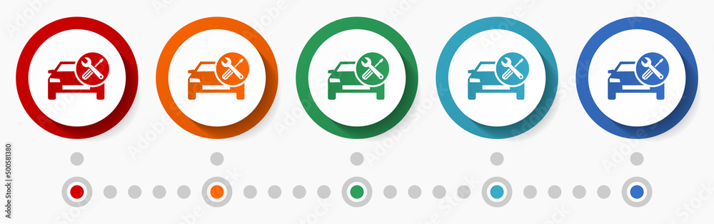 Poster Workshop concept vector icon set, infographic template, flat design circle colorful web buttons in 5 color options