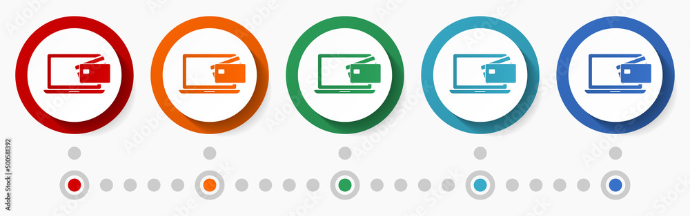 Aufkleber online payment, credit card concept vector icon set, infographic template, flat design circle colorf