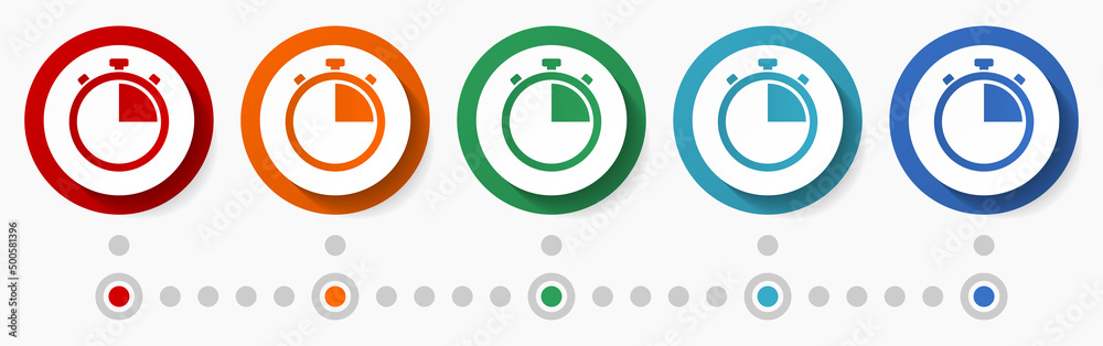 Poster Stopwatch concept vector icon set, infographic template, flat design circle colorful web buttons in 5 color options
