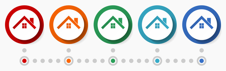 Home, real estate concept vector icon set, infographic template, flat design circle colorful web buttons in 5 color options