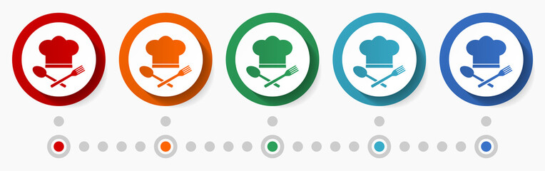 Restaurant, kitchen concept vector icon set, infographic template, flat design circle colorful web buttons in 5 color options