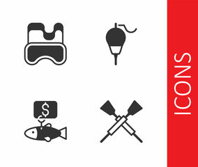 Set Crossed oars or paddles boat, Diving mask, Price tag for fish and Fishing float icon. Vector