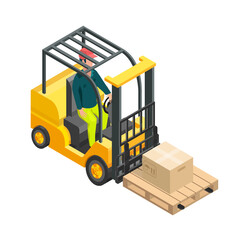 Isometric forklift isolated on white with driver. Vector illustration
